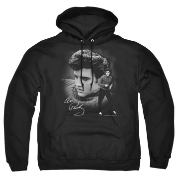 Black pullover hoodie with Elvis Presley Sweater graphic