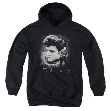 Black youth hoodie for ages 8 to 12 with Elvis Presley Sweater graphic