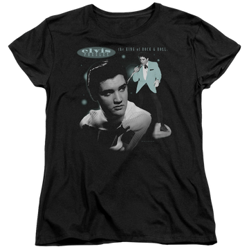Black women's t-shirt with Elvis Presley Teal Portrait graphic