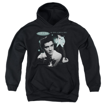 Black youth hoodie for ages 8 to 12 with Elvis Presley Teal Portrait graphic