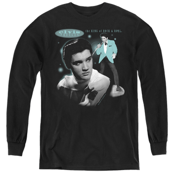 Black youth long sleeve t-shirt with Elvis Presley Teal Portrait graphic