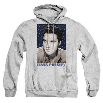 Athletic heather pullover hoodie with Elvis Presley Blue Sparkle graphic