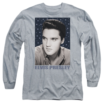Athletic heather men's long sleeve t-shirt with Elvis Presley Blue Sparkle graphic