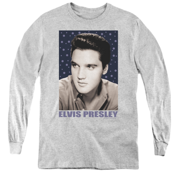 Athletic heather youth long sleeve t-shirt with Elvis Presley Blue Sparkle graphic
