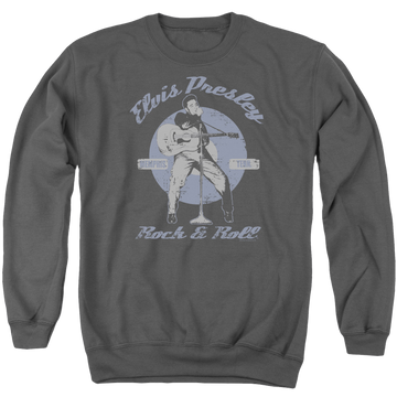 Charcoal men's crewneck sweatshirt with Elvis Presley Rock &amp; Roll graphic