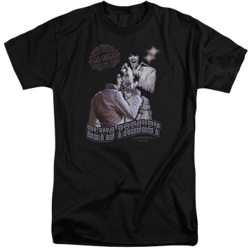 Black men's tall fit t-shirt with Elvis Presley Violet Vegas graphic