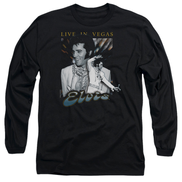 Black men's long sleeve t-shirt with Elvis Presley Live In Vegas graphic