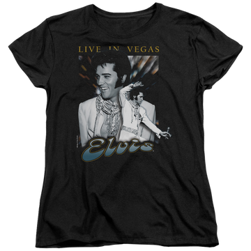 Black women's t-shirt with Elvis Presley Live In Vegas graphic