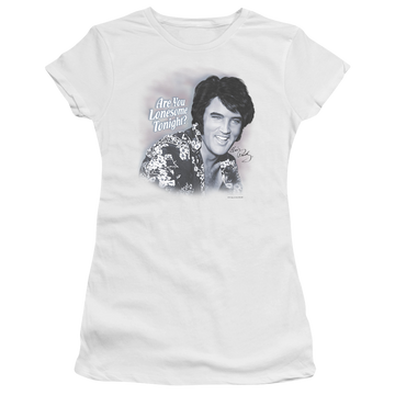 White juniors t-shirt with Elvis Presley Lonesome Tonight graphic