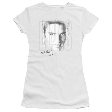 White juniors t-shirt with Elvis Presley Blue Eyes graphic