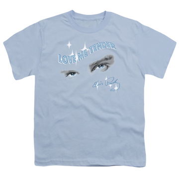 Light blue youth t-shirt for ages 8 to 12 with Elvis Presley Tender Eyes graphic