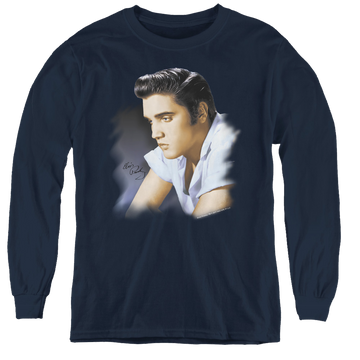 Navy youth long sleeve t-shirt with Elvis Presley Blue Profile graphic