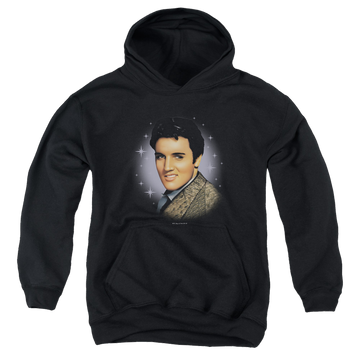 Black youth hoodie for ages 8 to 12 with Elvis Presley Starlite graphic