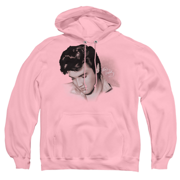 Pink pullover hoodie with Elvis Presley Looking Down graphic
