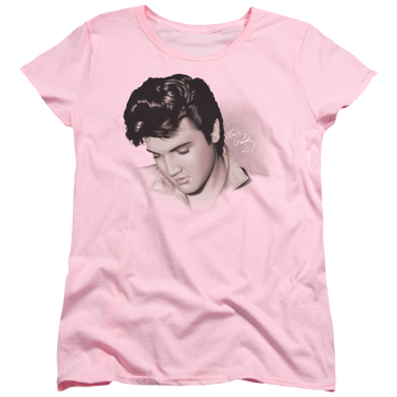 Pink women's t-shirt with Elvis Presley Looking Down graphic