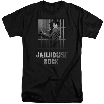 Black men's tall fit t-shirt with Elvis Presley Jailhouse Rock graphic