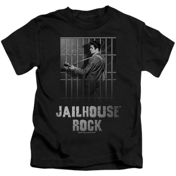 Black kid's t-shirt with grayscale Elvis Presley playing guitar behind jail bars and "Jailhouse Rock" text below.
