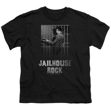 Black youth t-shirt for ages 8 to 12 with Elvis Presley Jailhouse Rock graphic