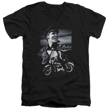 Black men's v-neck t-shirt with Elvis Presley Motorcycle graphic