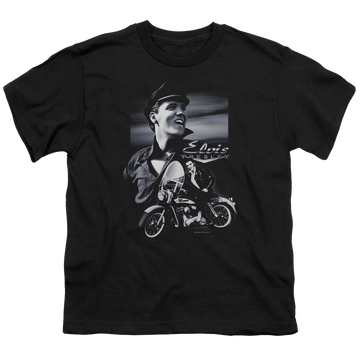Black youth t-shirt for ages 8 to 12 with Elvis Presley Motorcycle graphic