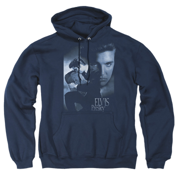 Navy pullover hoodie with Elvis Presley Reverent graphic