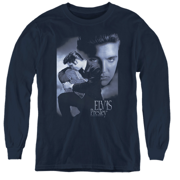 Navy youth long sleeve t-shirt with Elvis Presley Reverent graphic