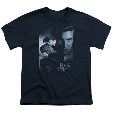 Navy youth t-shirt for ages 8 to 12 with Elvis Presley Reverent graphic