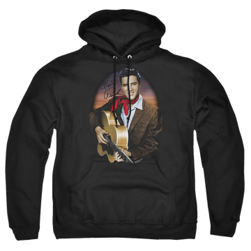Black pullover hoodie with Elvis Presley Red Scarf #2 graphic