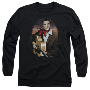 Black men's long sleeve t-shirt with Elvis Presley Red Scarf #2 graphic