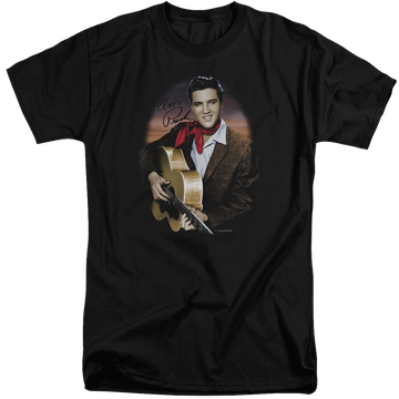 Black men's tall fit t-shirt with Elvis Presley Red Scarf #2 graphic