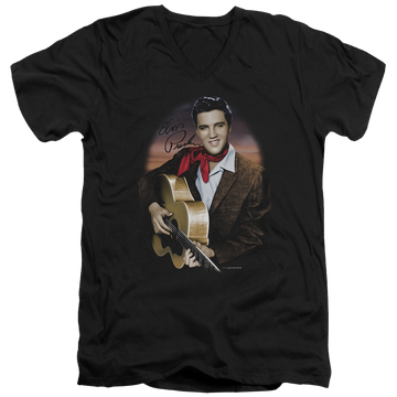 Black men's v-neck t-shirt with Elvis Presley Red Scarf #2 graphic