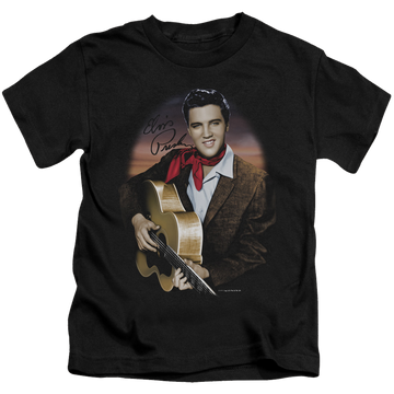 Black kid's t-shirt for ages 4 to 7 with Elvis Presley Red Scarf #2 graphic