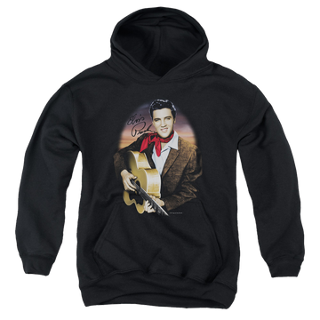 Black youth hoodie for ages 8 to 12 with Elvis Presley Red Scarf #2 graphic