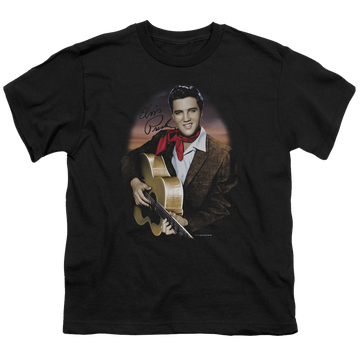 Black youth t-shirt for ages 8 to 12 with Elvis Presley Red Scarf #2 graphic