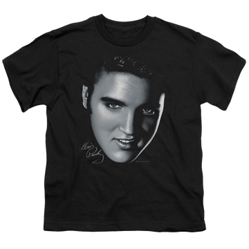 Black kid's t-shirt for ages 4 to 7 with Elvis Presley Big Face graphic