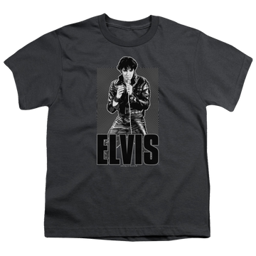 Charcoal youth t-shirt for ages 8 to 12 with Elvis Presley Leather graphic