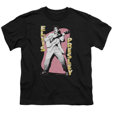 Black youth t-shirt for ages 8 to 12 with Elvis Presley Pink Rock graphic