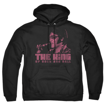 Black pullover hoodie with Elvis Presley The King graphic