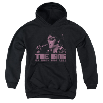 Black youth hoodie for ages 8 to 12 with Elvis Presley The King graphic
