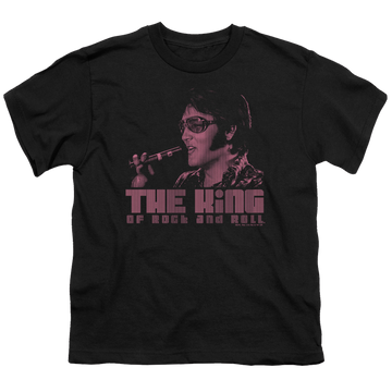 Black youth t-shirt for ages 8 to 12 with Elvis Presley The King graphic