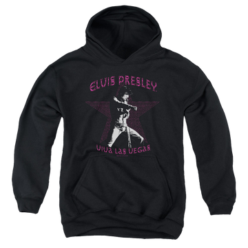 Black youth hoodie for ages 8 to 12 with Elvis Presley Viva Las Vegas Star graphic