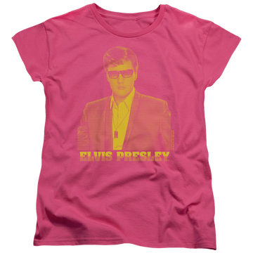 Hot pink women's t-shirt with Elvis Presley Yellow Elvis graphic