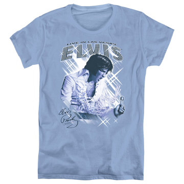 Carolina blue women's t-shirt with Elvis Presley Blue Vegas graphic