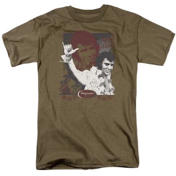 Safari green men's regular fit t-shirt with Elvis Presley Aloha Hang Loose graphic