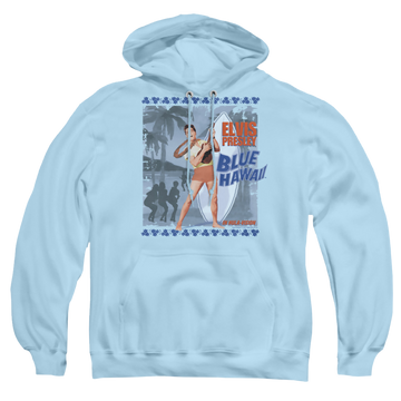 Light blue pullover hoodie with Elvis Presley Blue Hawaii Poster graphic