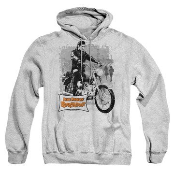 Athletic heather pullover hoodie with Elvis Presley Roustabout Poster graphic