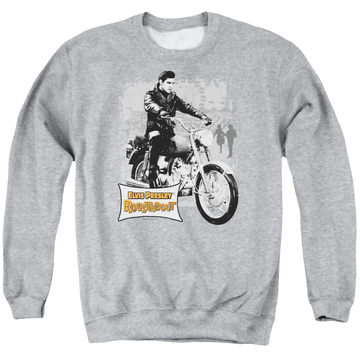 Athletic heather men's crewneck sweatshirt with Elvis Presley Roustabout Poster graphic