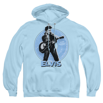 Light blue pullover hoodie with Elvis Presley 45 Rpm graphic