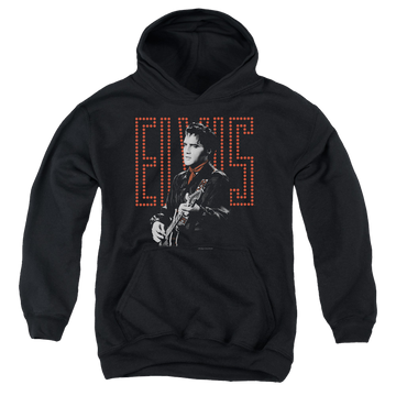 Black youth hoodie for ages 8 to 12 with Elvis Presley Red Guitarman graphic