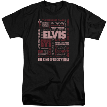Black men's tall fit t-shirt with Elvis Presley Whole Lotta Type graphic